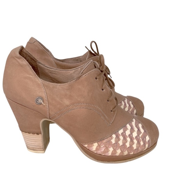Gold Button Shoes Heels Mod Oxford Retro Taupe Brown Mauve Size 42 - Picture 5 of 10